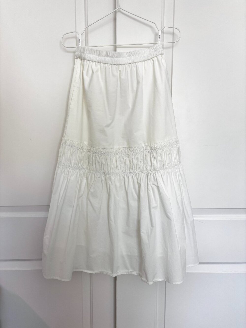 White Cotton Tiered Midi Skirt Smocked Waist, Full Hem, S